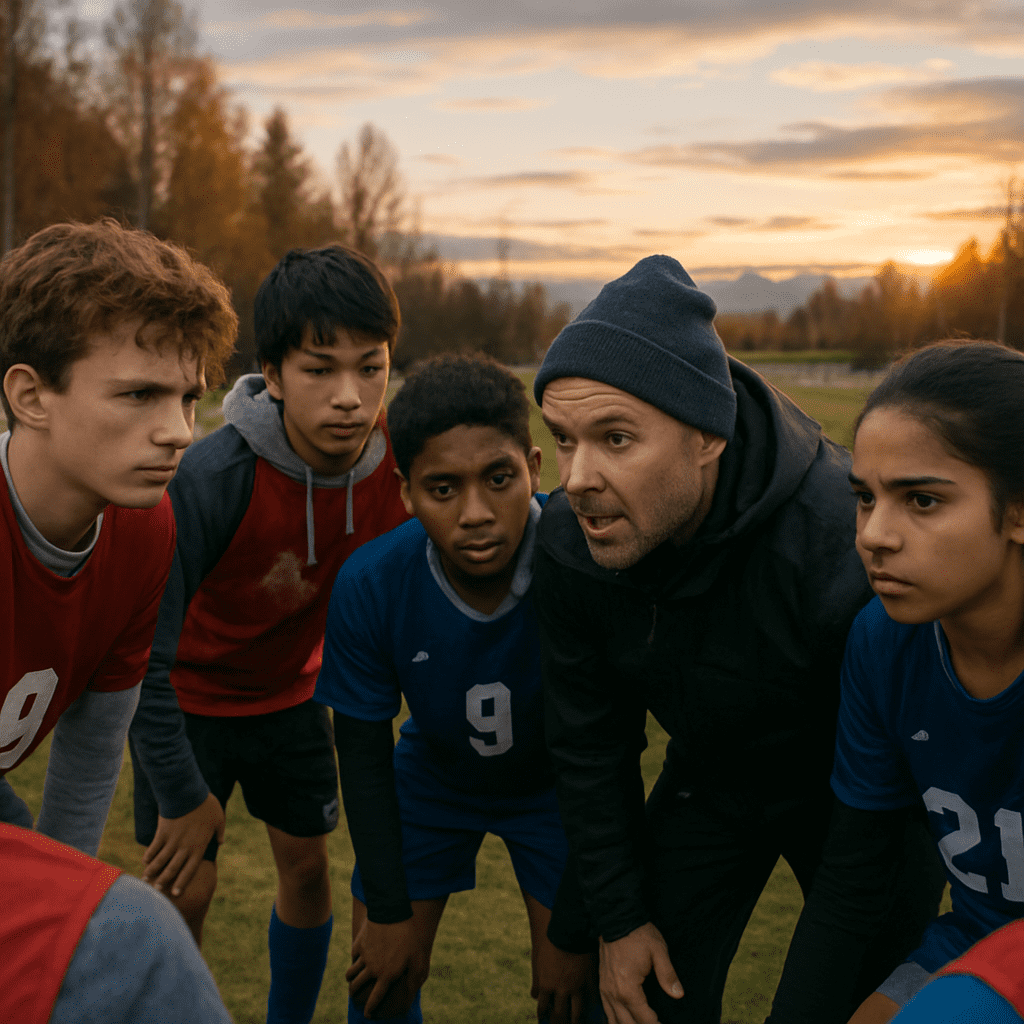 High school soccer players gathered in a team huddle with their coach during a game break