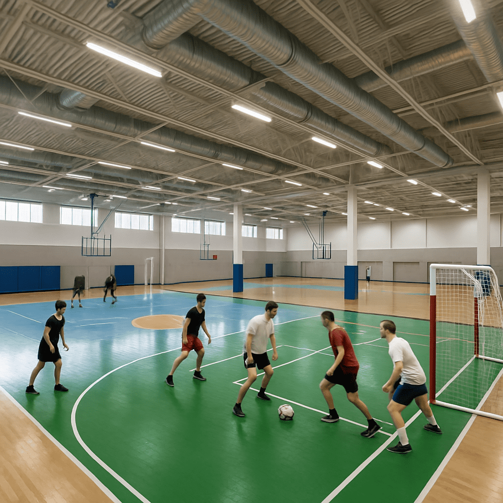 Multi-sport facility interior showing various recreational activity areas including soccer