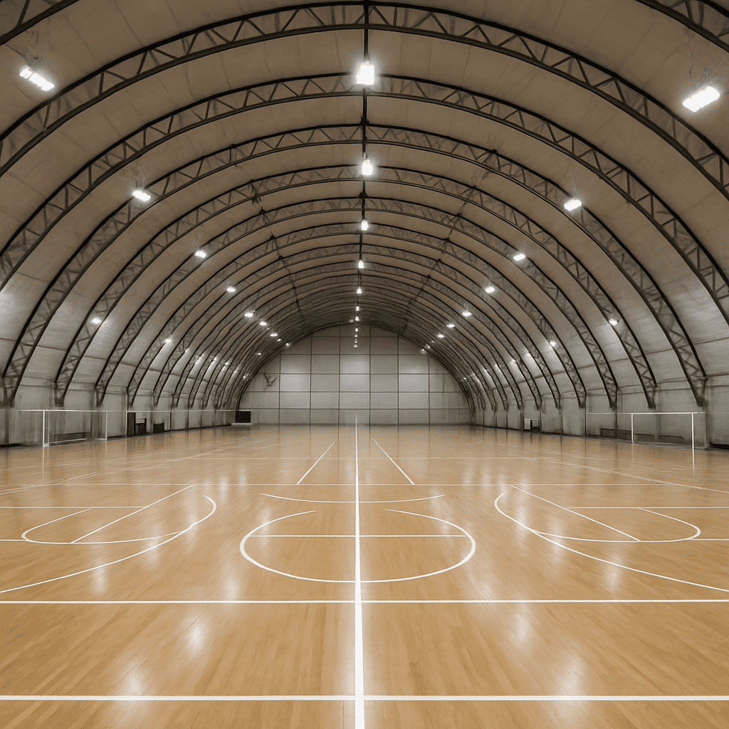 Interior of a large domed sports facility with multiple soccer fields and modern lighting