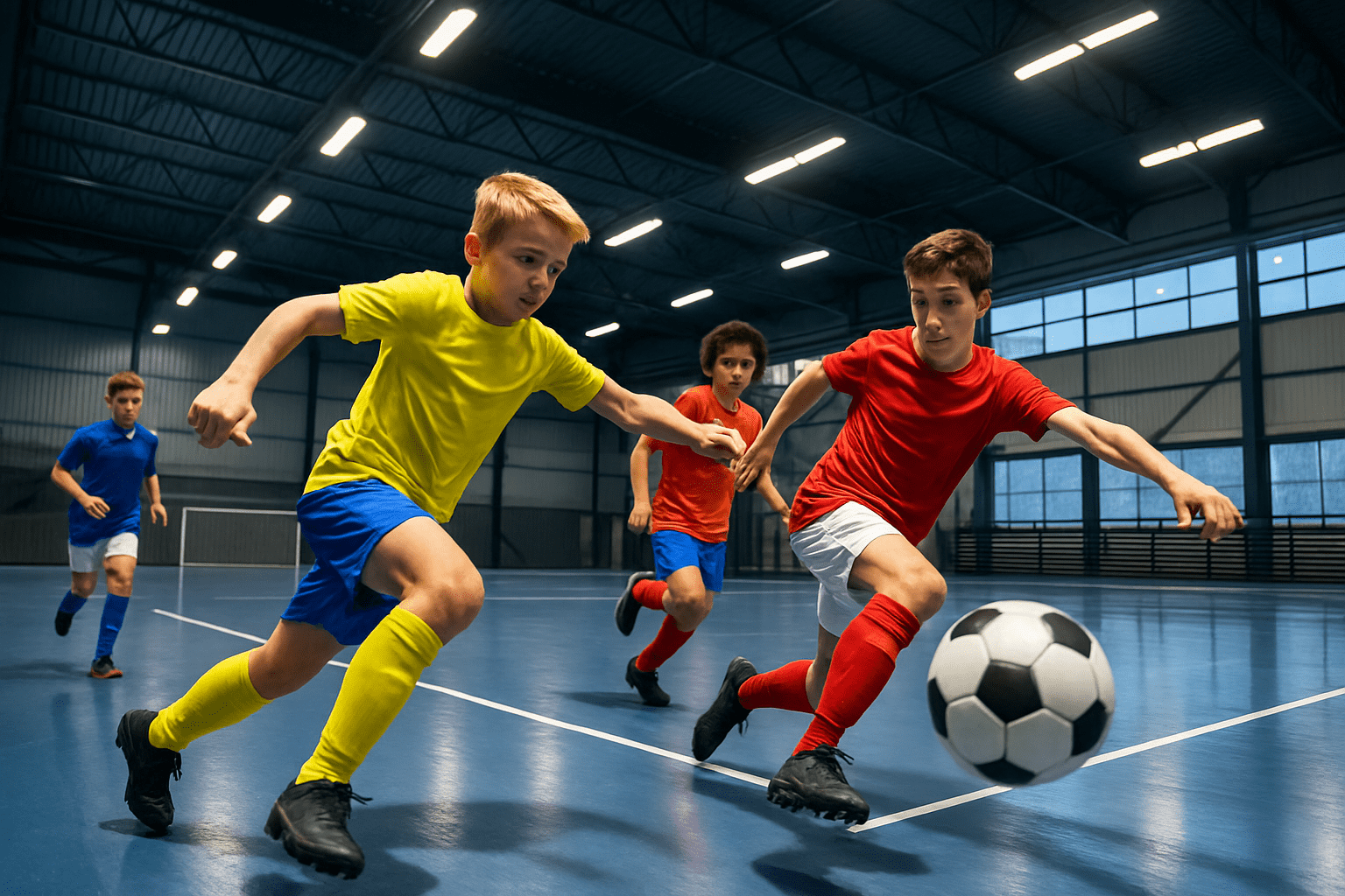 Young soccer players competing indoors under bright lights with ball in play