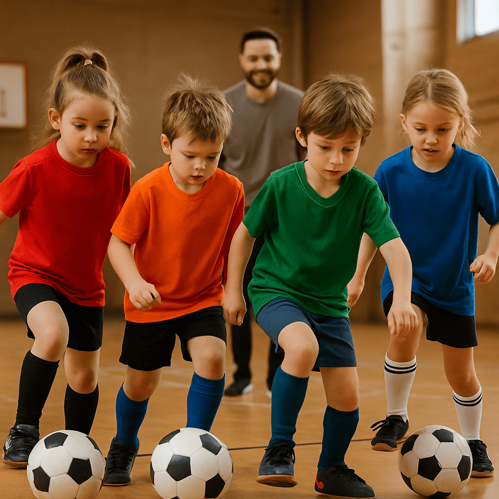 Young children practicing soccer skills indoors during a youth training session