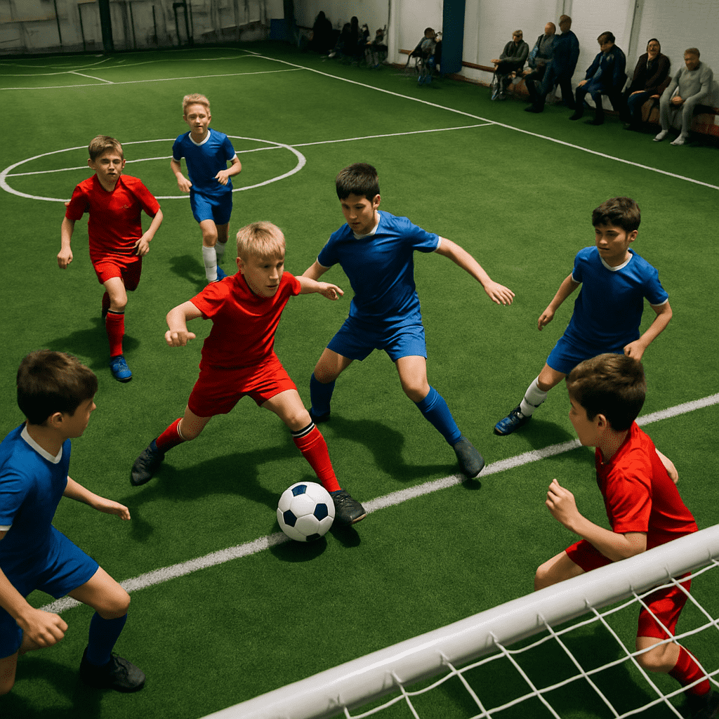 Overhead view of a competitive youth indoor soccer match with both teams engaged