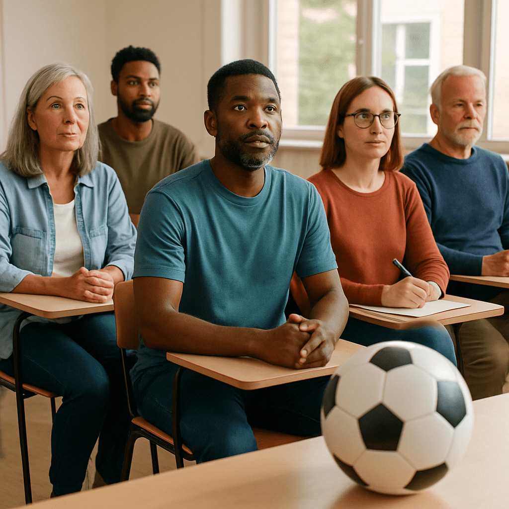 Group of adults in a training session with soccer ball