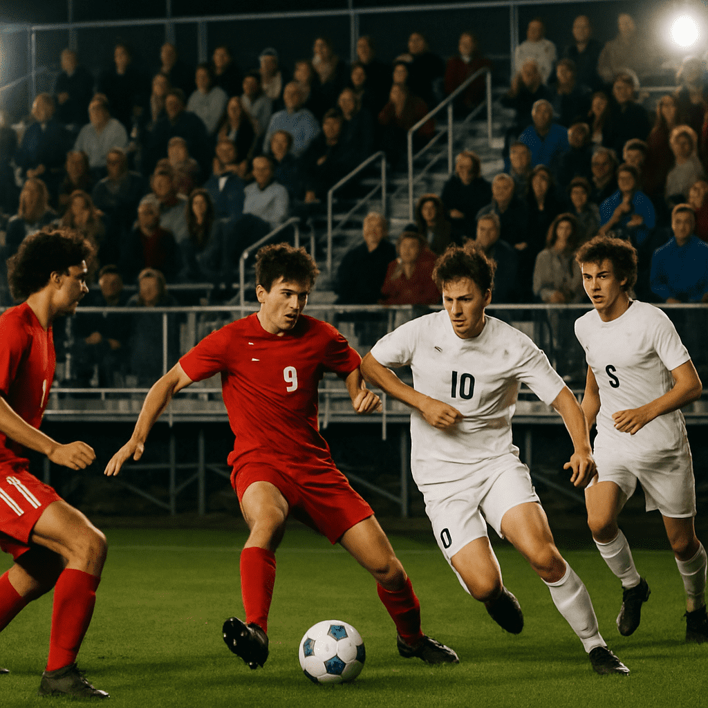 High school soccer game with spectators watching from bleachers