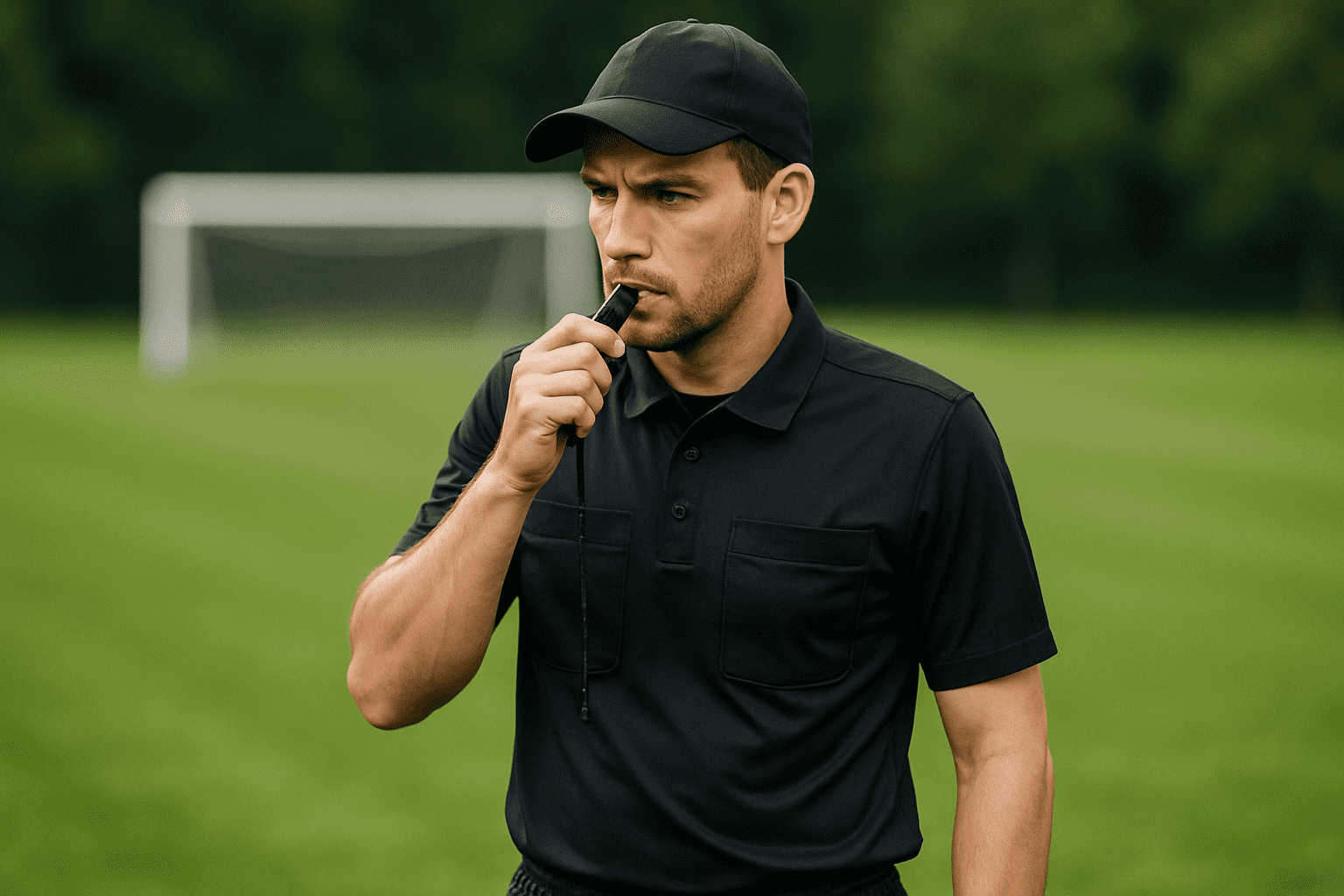 Soccer referee in uniform standing on field with whistle