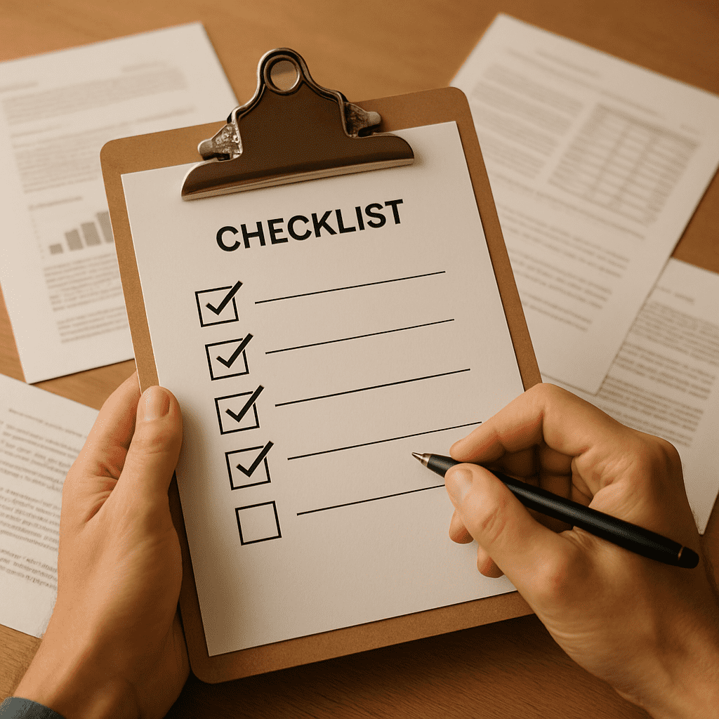 Administrator's clipboard with checklist and planning papers