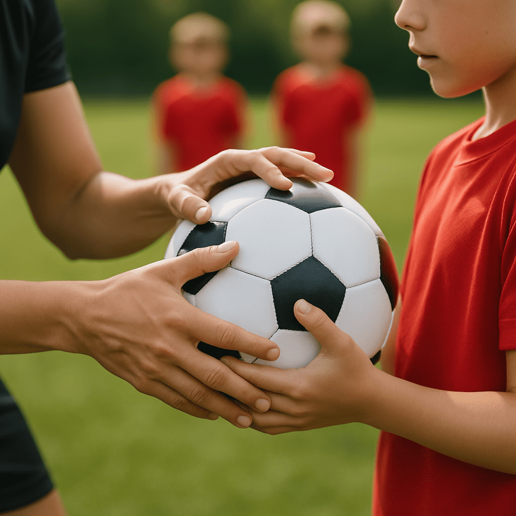 Coach demonstrating soccer technique with hands-on instruction to a young player