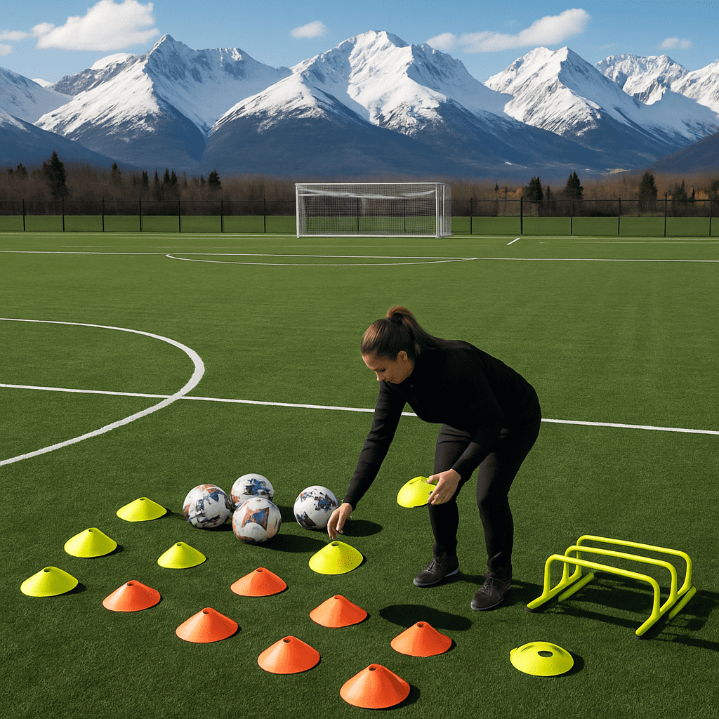 Coach setting up training drills on a soccer field with mountains in background
