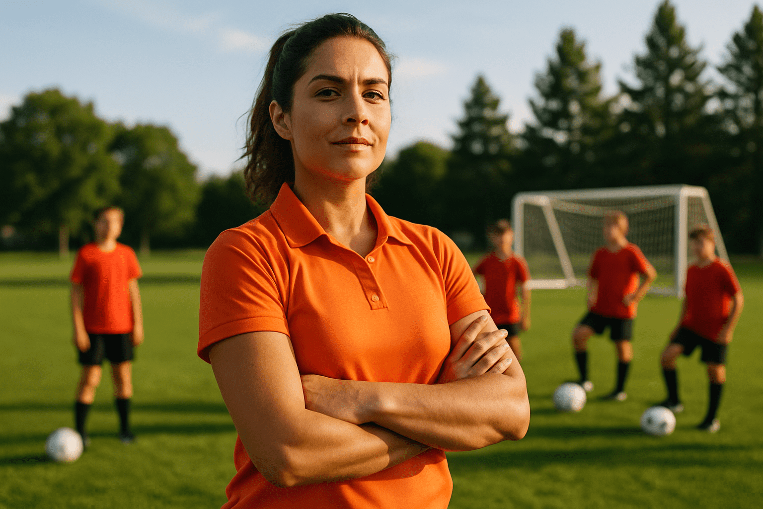 Female soccer coach leading a youth training session on a grass field