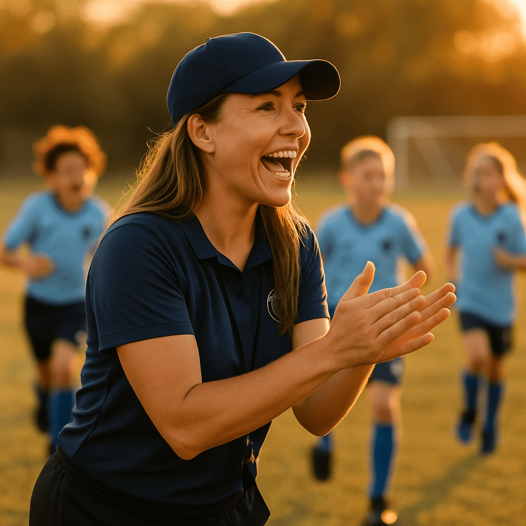 Female coach celebrating and encouraging young athletes during a game
