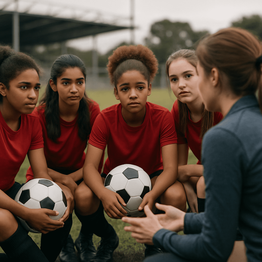 Young soccer players gathered for instruction from their female coach