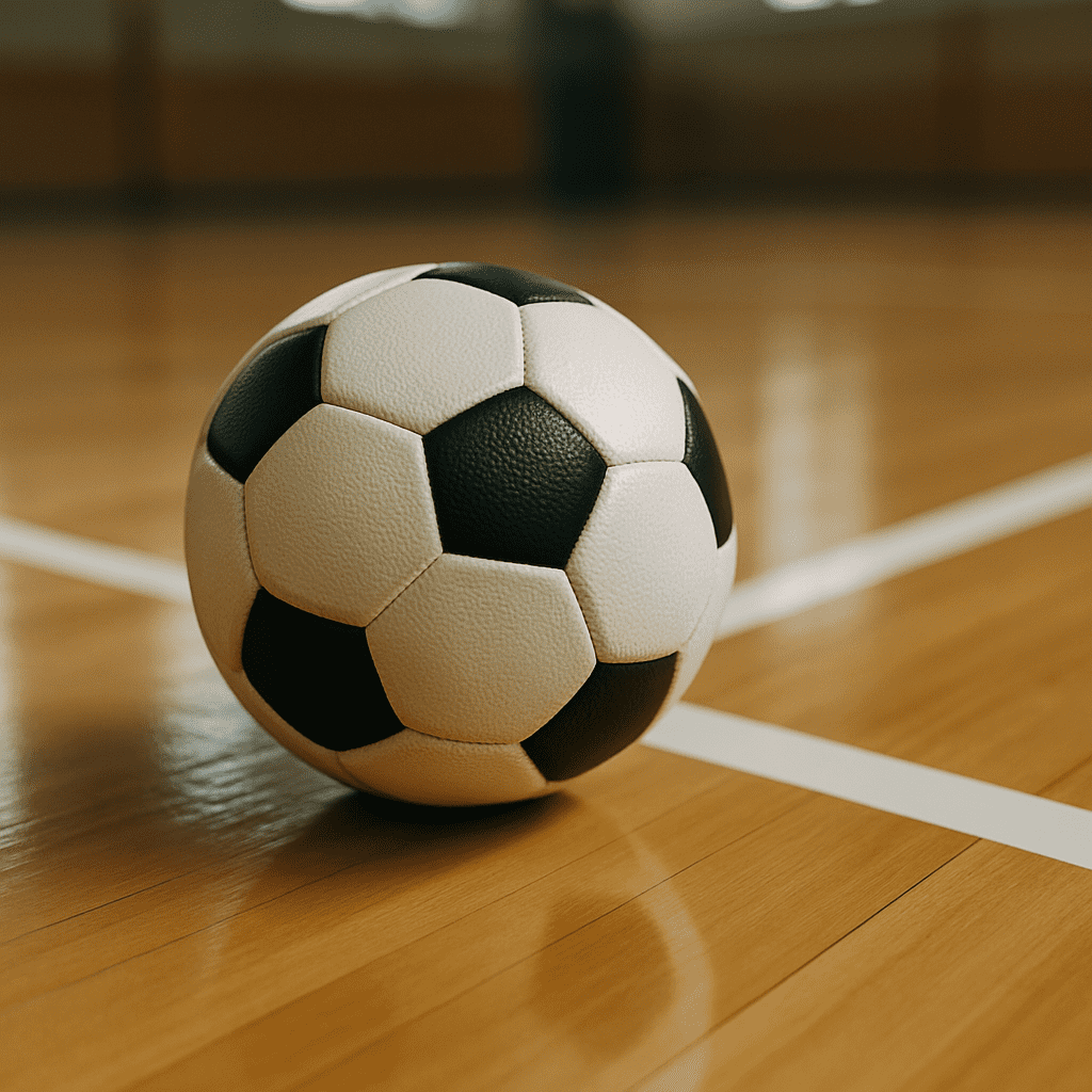 Soccer ball positioned on a marked futsal court with white boundary lines