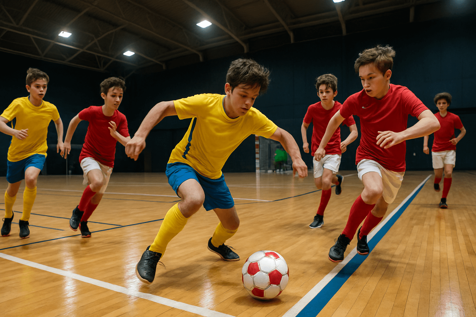 Young futsal players in action on an indoor court during a competitive match