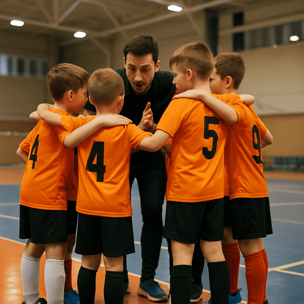 Young futsal players gathered together during a coaching discussion at an indoor sports facility