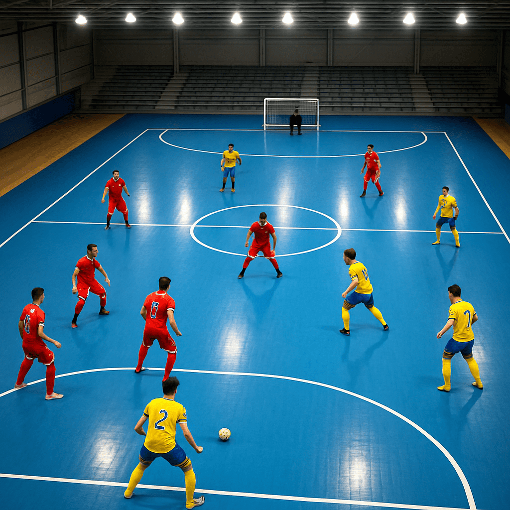 Overhead view of a futsal game showing both teams playing on a small indoor court