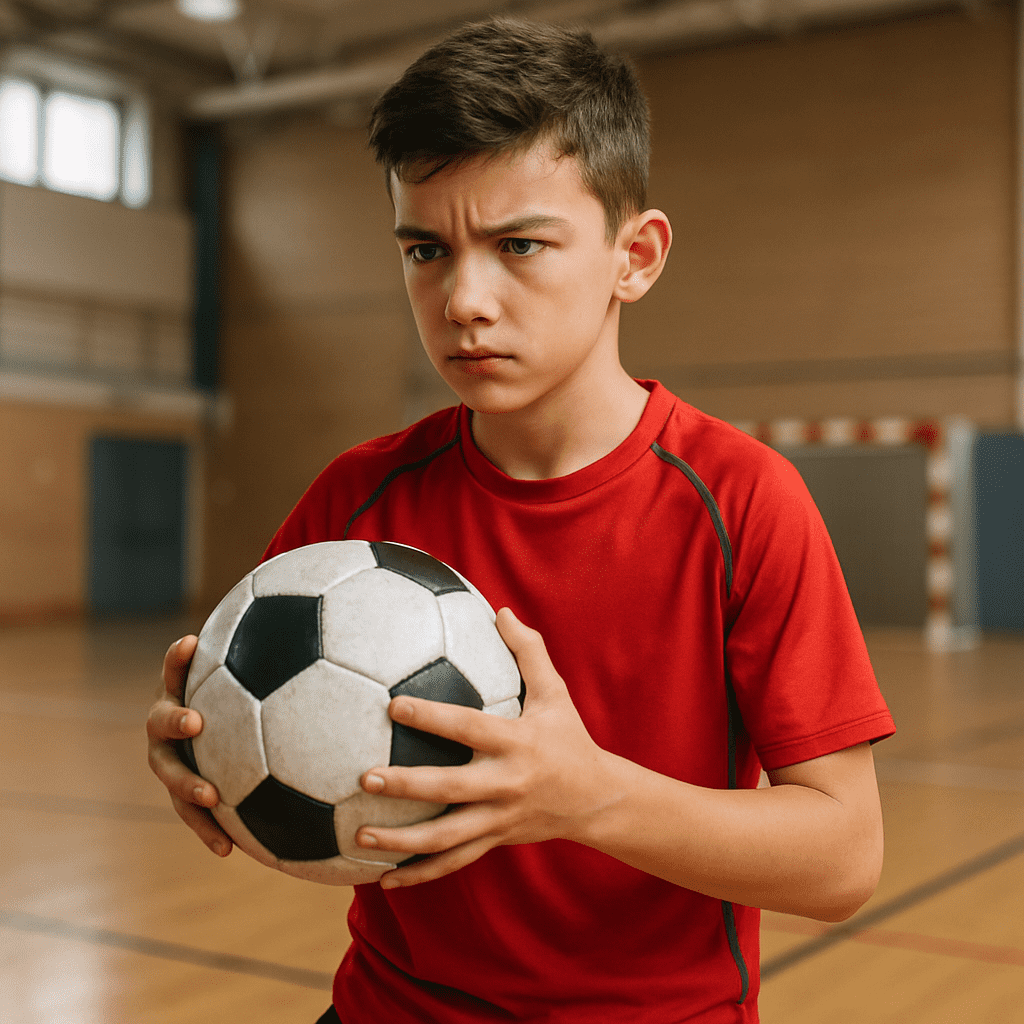 Young futsal player in athletic gear holding a soccer ball with focused expression