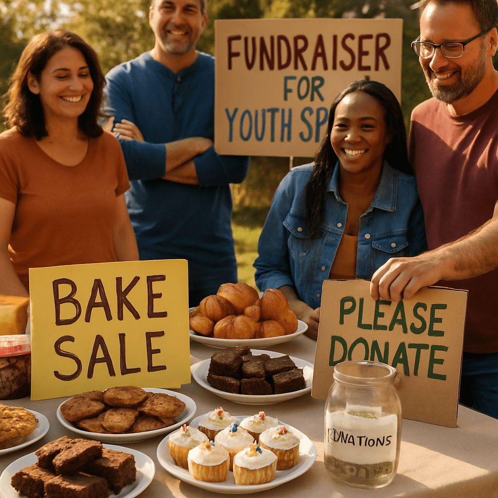 Community fundraiser event with baked goods and donation collection, showing parental efforts to support youth soccer programs