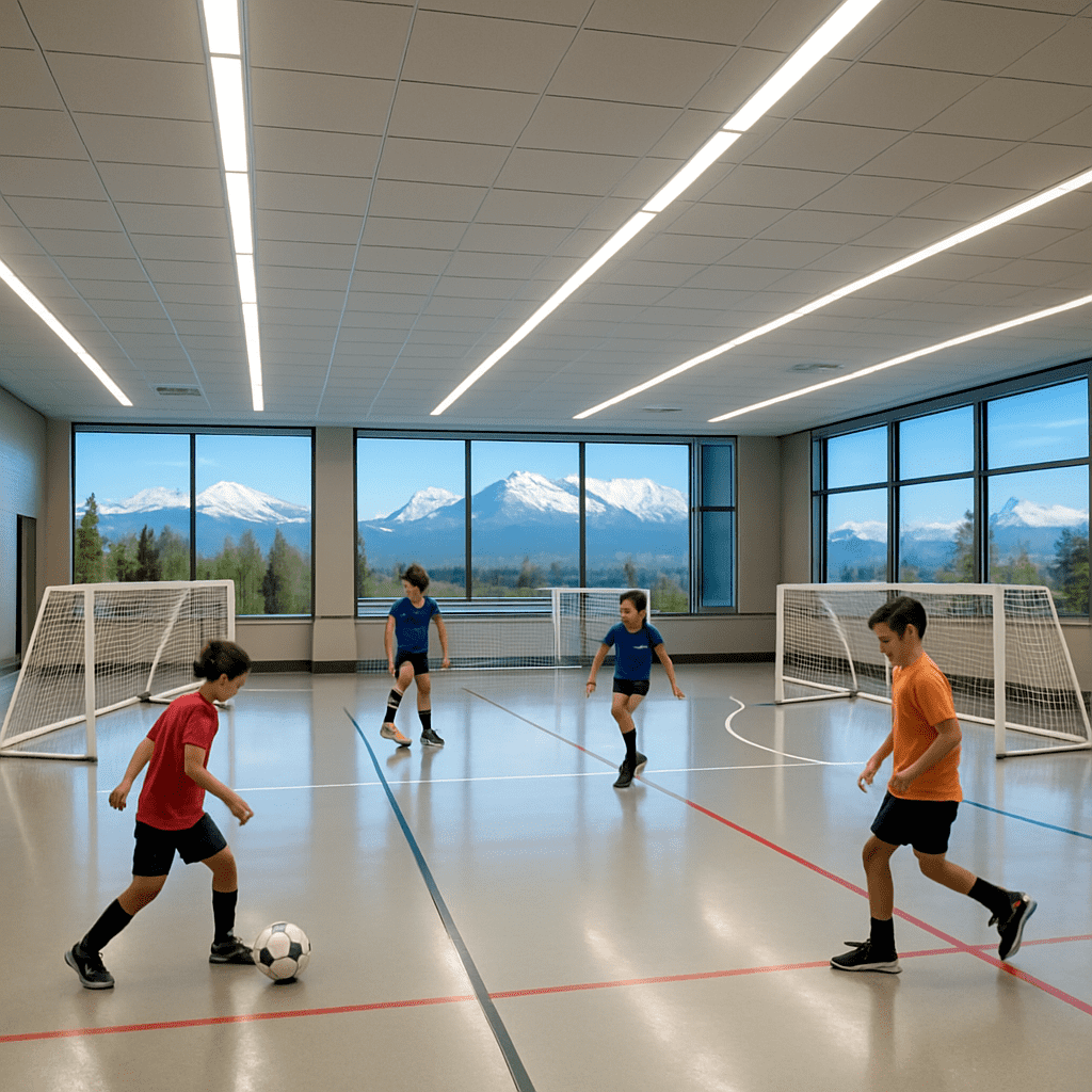 Bright modern indoor sports facility with soccer goals and equipment, representing community recreation centers built by parent volunteers