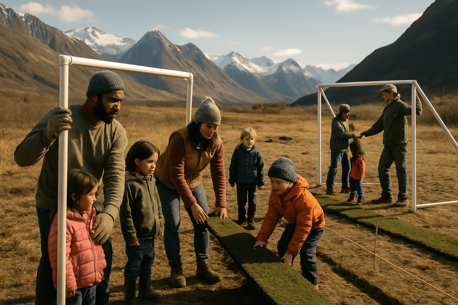 Parents and children constructing a youth soccer field together in an Alaskan community setting with mountains in the distance