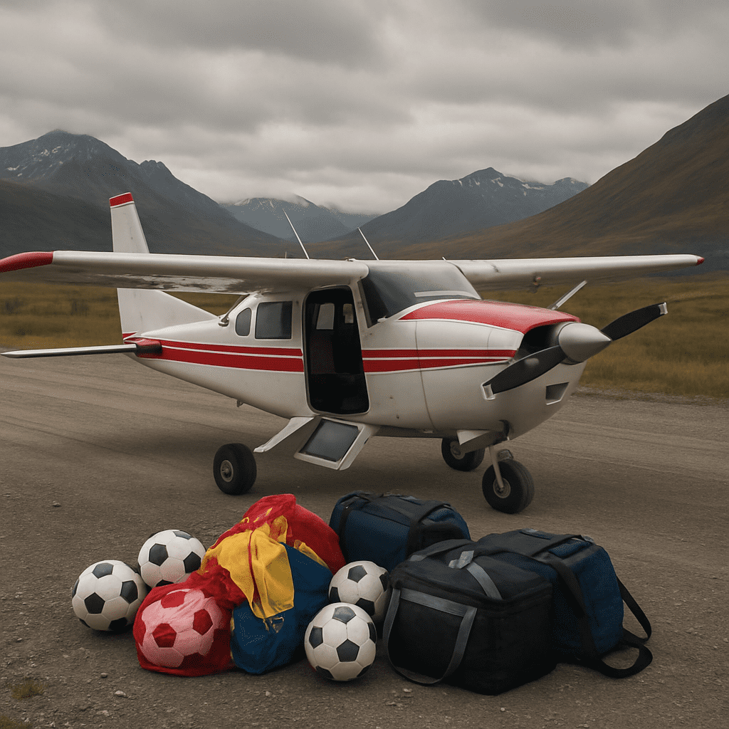 Small aircraft on an Alaskan airstrip loaded with sports equipment, illustrating remote community travel for youth soccer