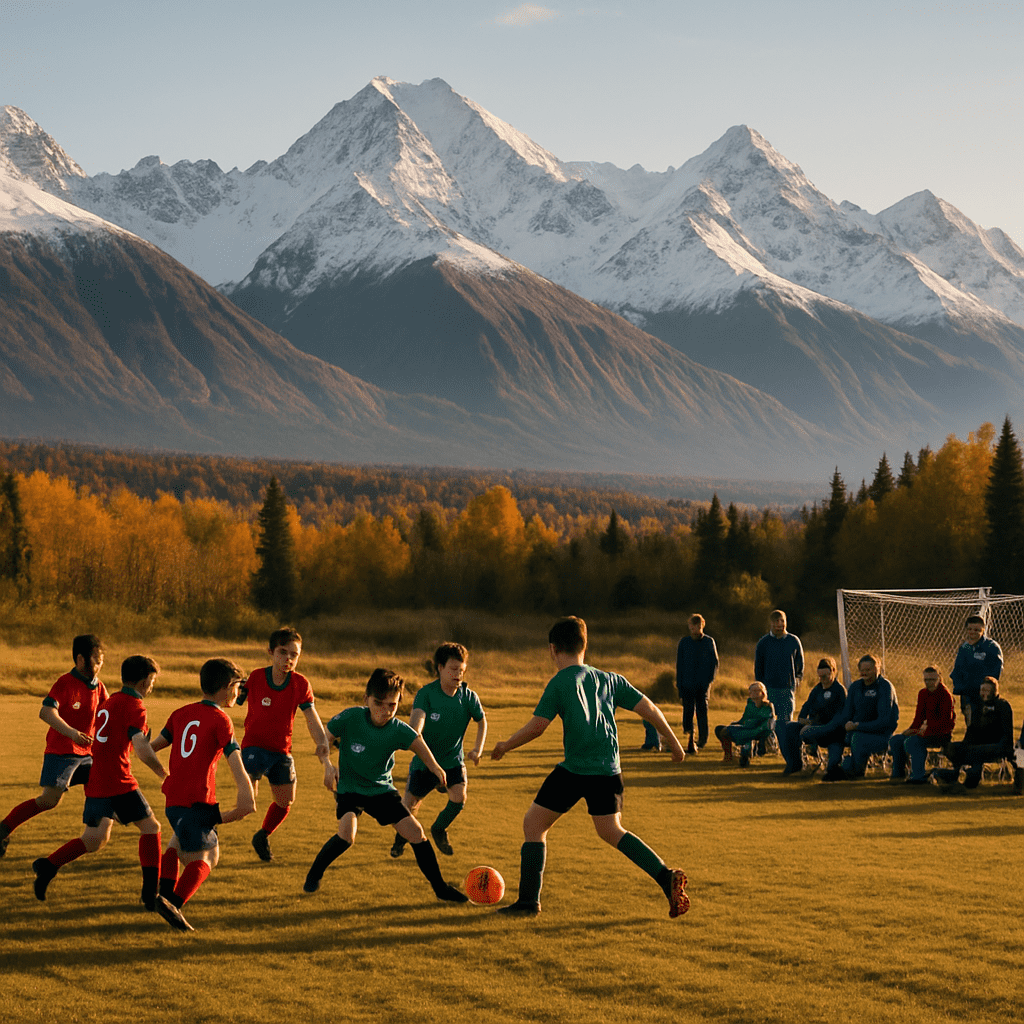 Youth soccer game in progress outdoors with Alaskan mountain landscape and spectators watching from the sidelines