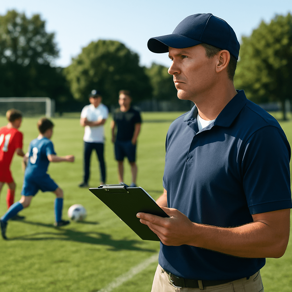 College coach observing youth soccer players during a tournament match while taking notes