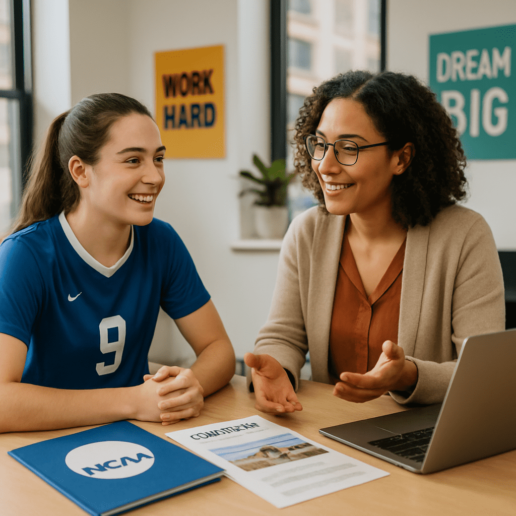 High school soccer player meeting with a mentor to discuss college recruitment options