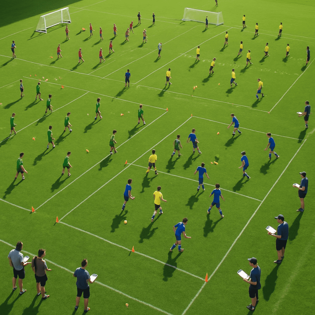 Aerial view of multiple youth soccer teams training at a large identification camp