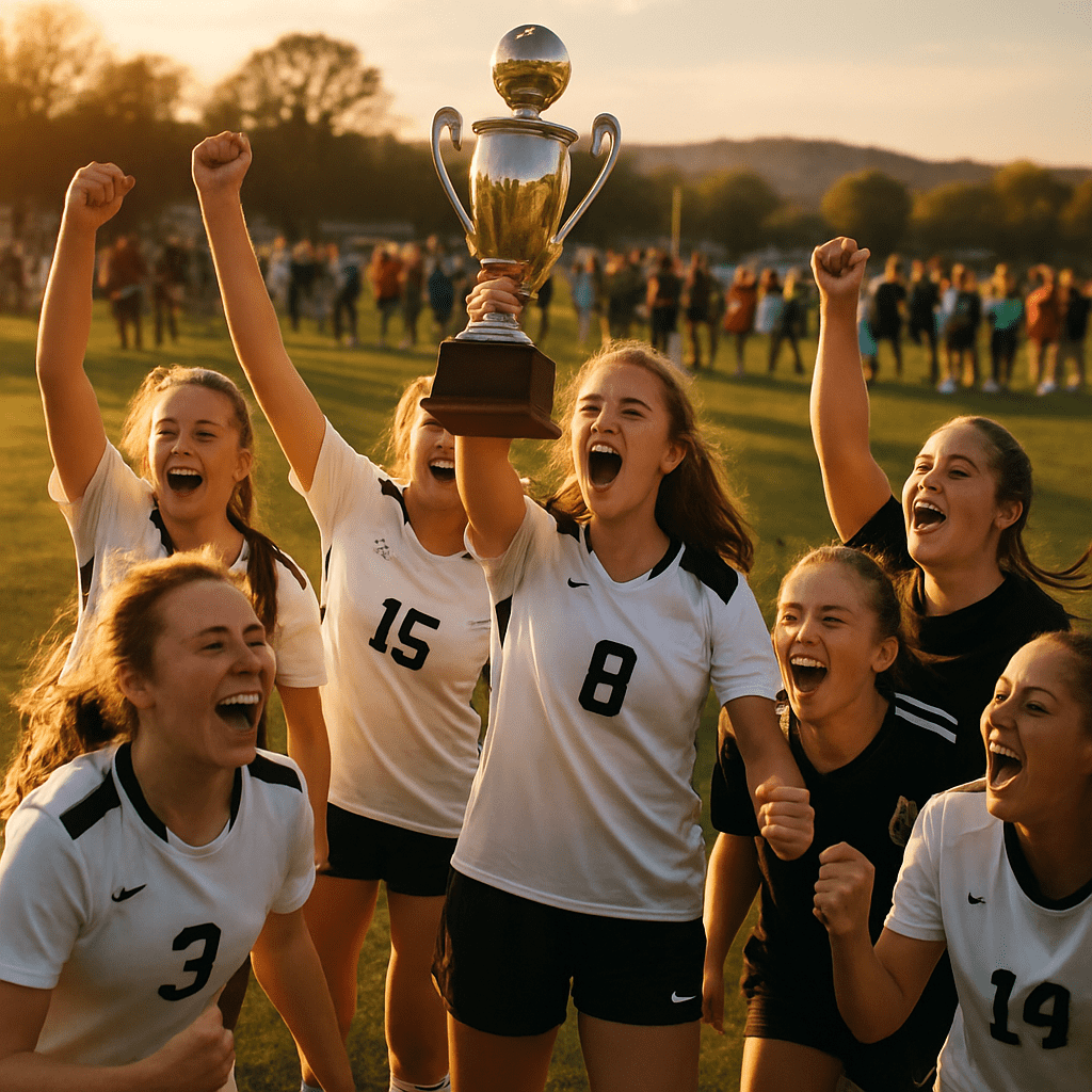 Youth soccer team celebrating with championship trophy on a grass field
