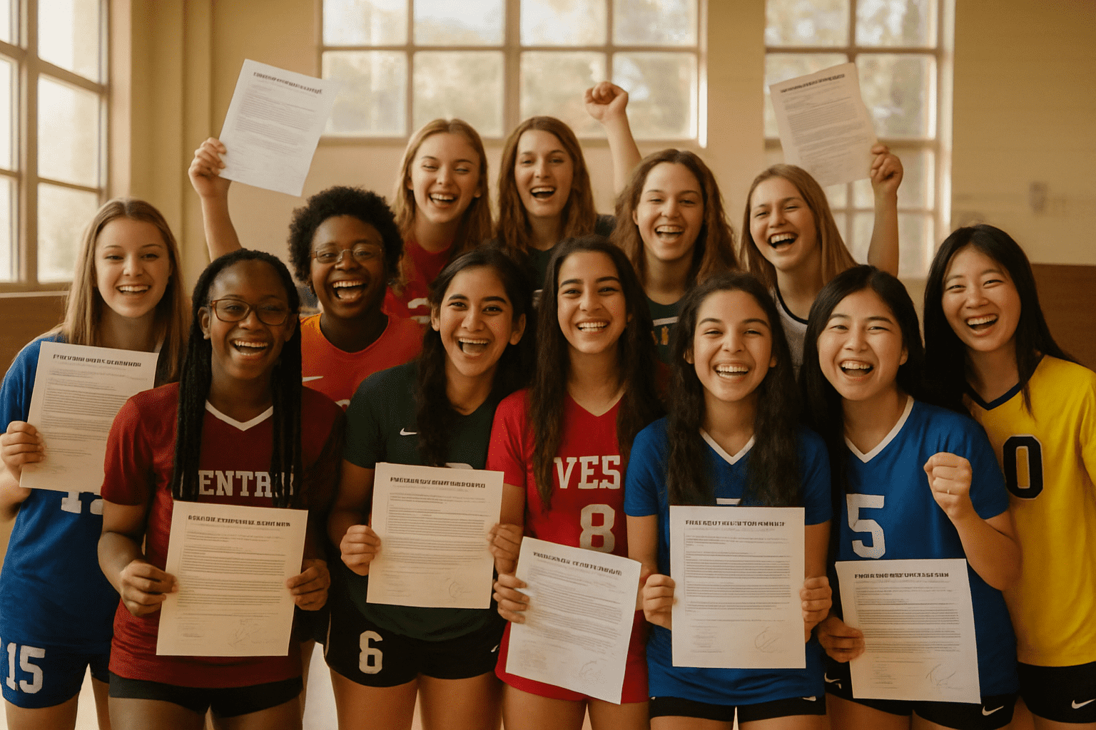 Twelve teenage girls in soccer uniforms holding letters of intent and celebrating together indoors