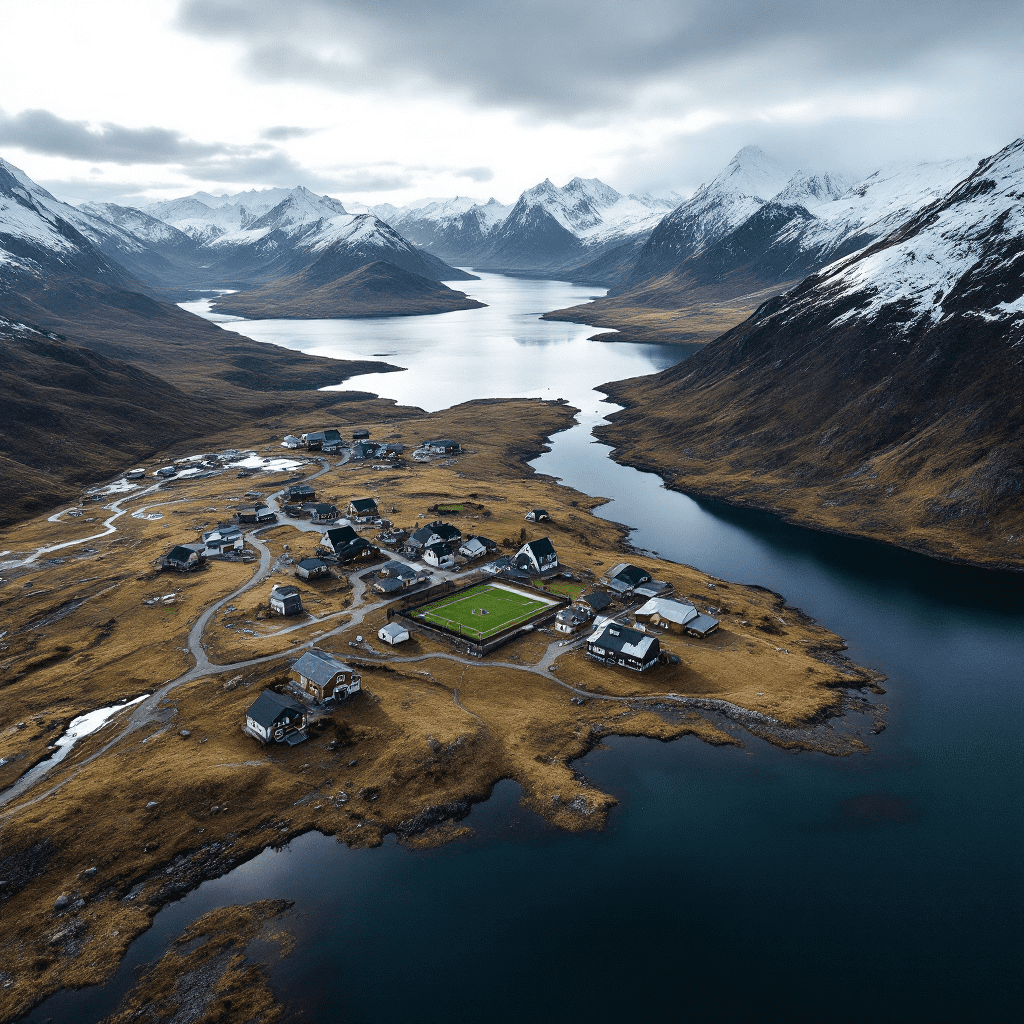 Aerial view of remote Alaskan Native community surrounded by mountains and water