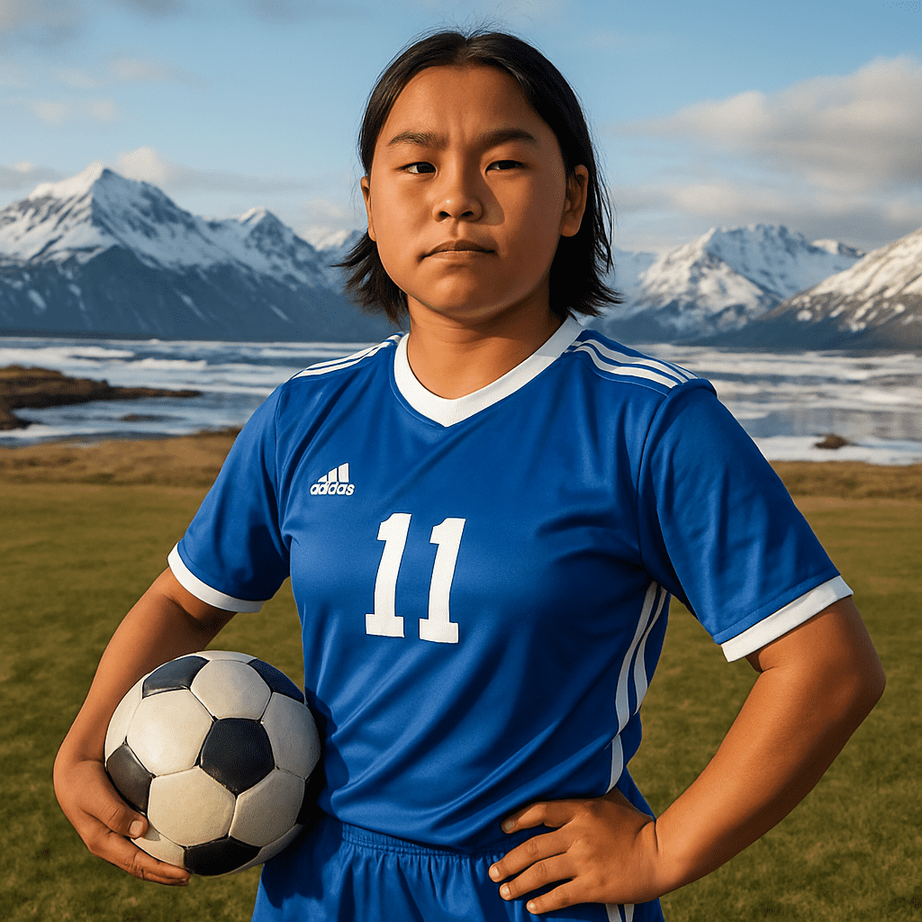 Indigenous youth soccer player in athletic gear posing on field with Arctic landscape