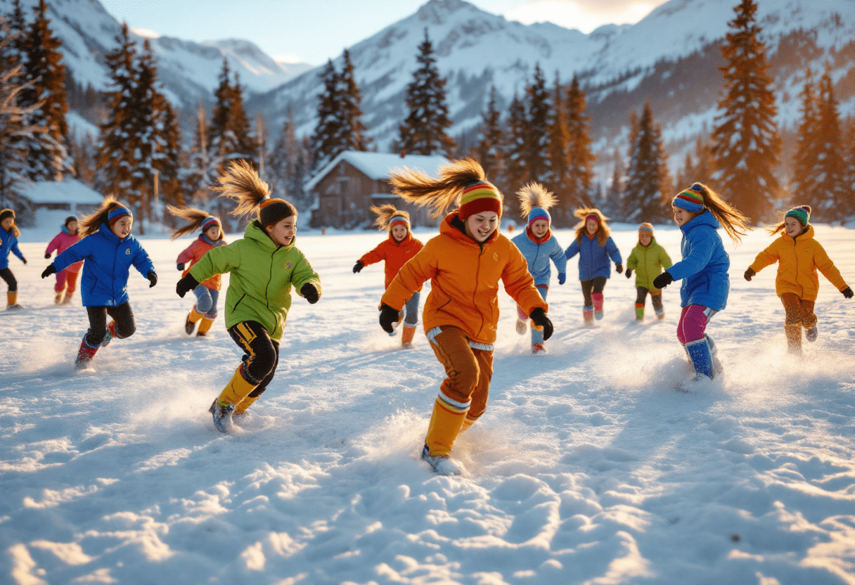 Indigenous Alaskan youth playing soccer in a mountainous winter landscape