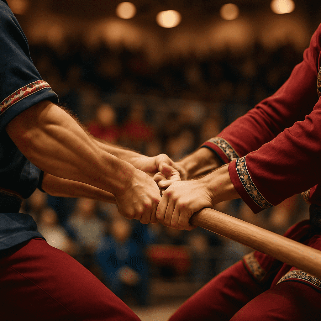 Athletes competing in stick pull, a traditional Arctic sport requiring grip strength