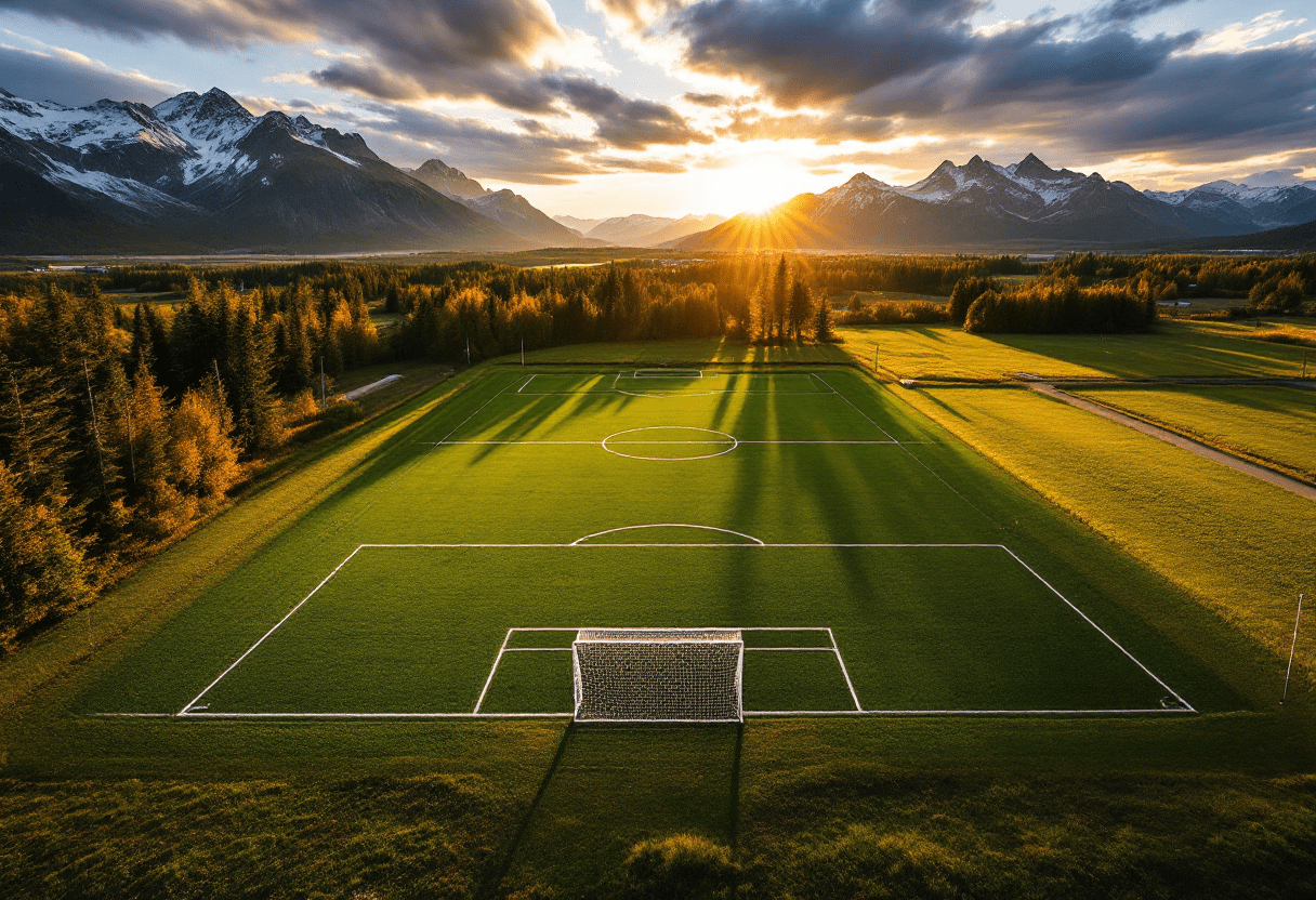 An Alaska high school soccer field with mountains in the background during sunset