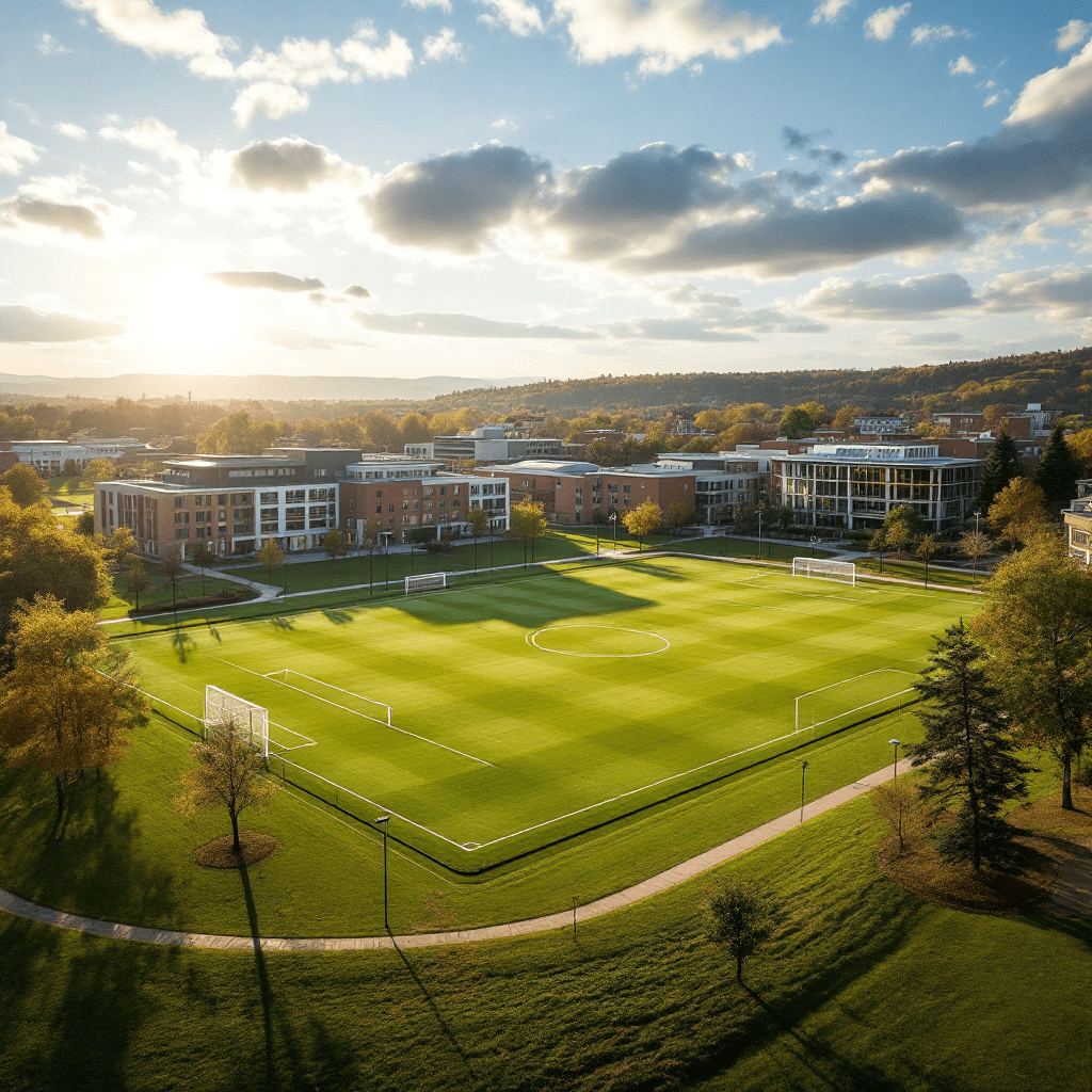 A college campus soccer facility with multiple fields and campus buildings