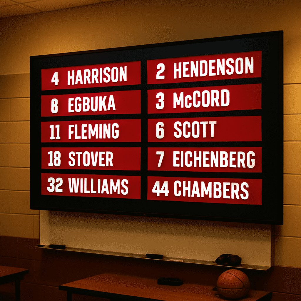 A college soccer team roster display in an athletic facility