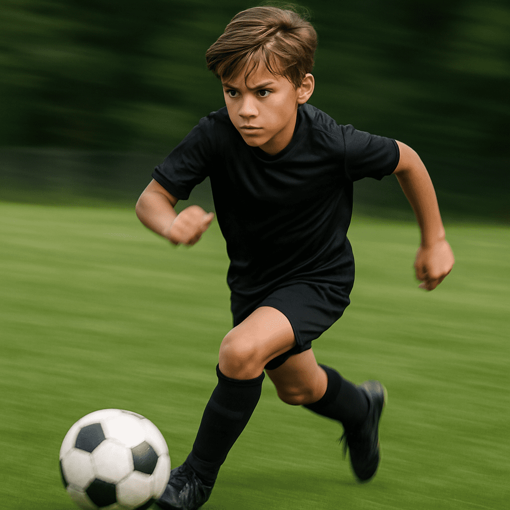 A high school soccer player dribbling a ball during a match
