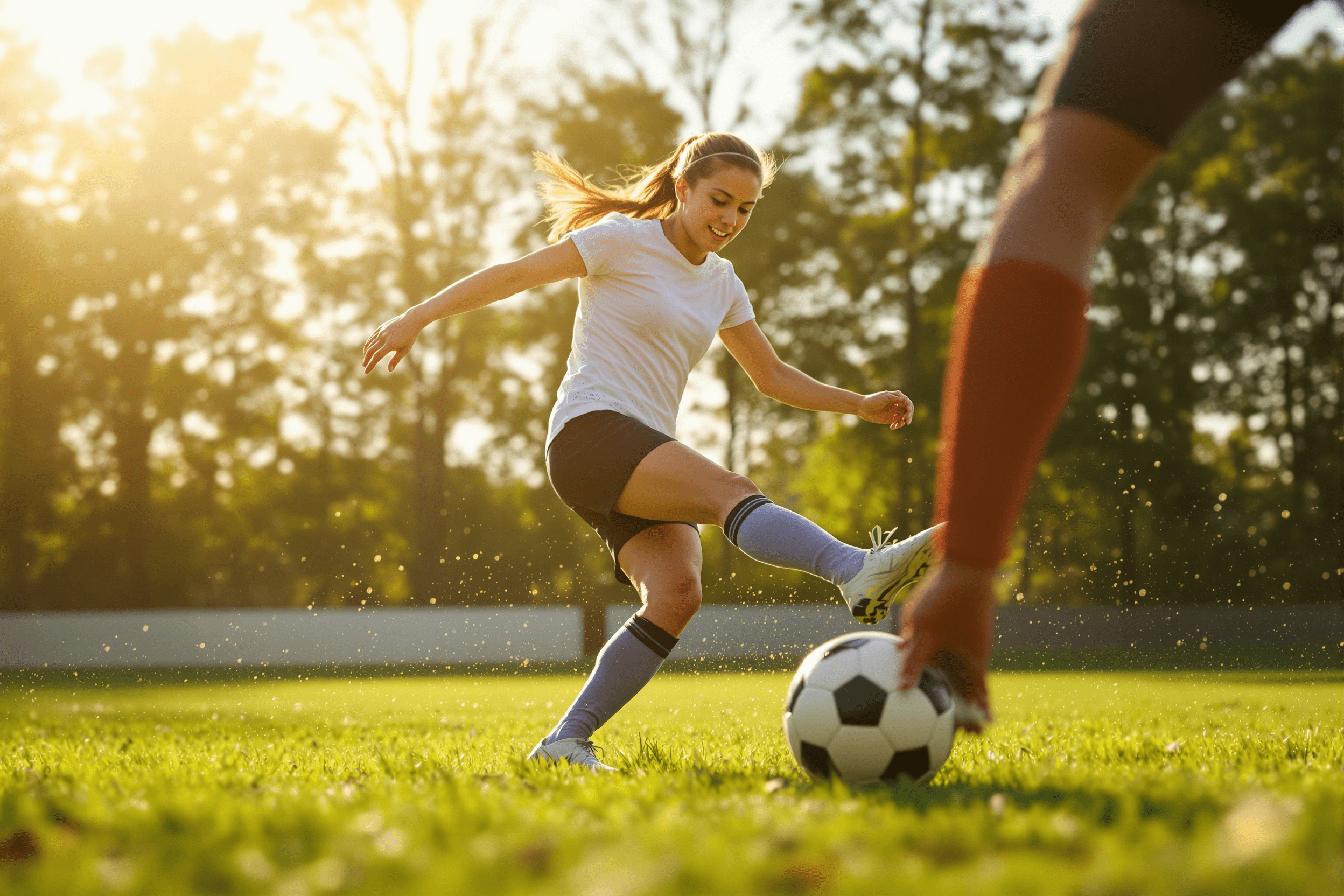 Female youth soccer player performing a cutting movement during training on a grass field