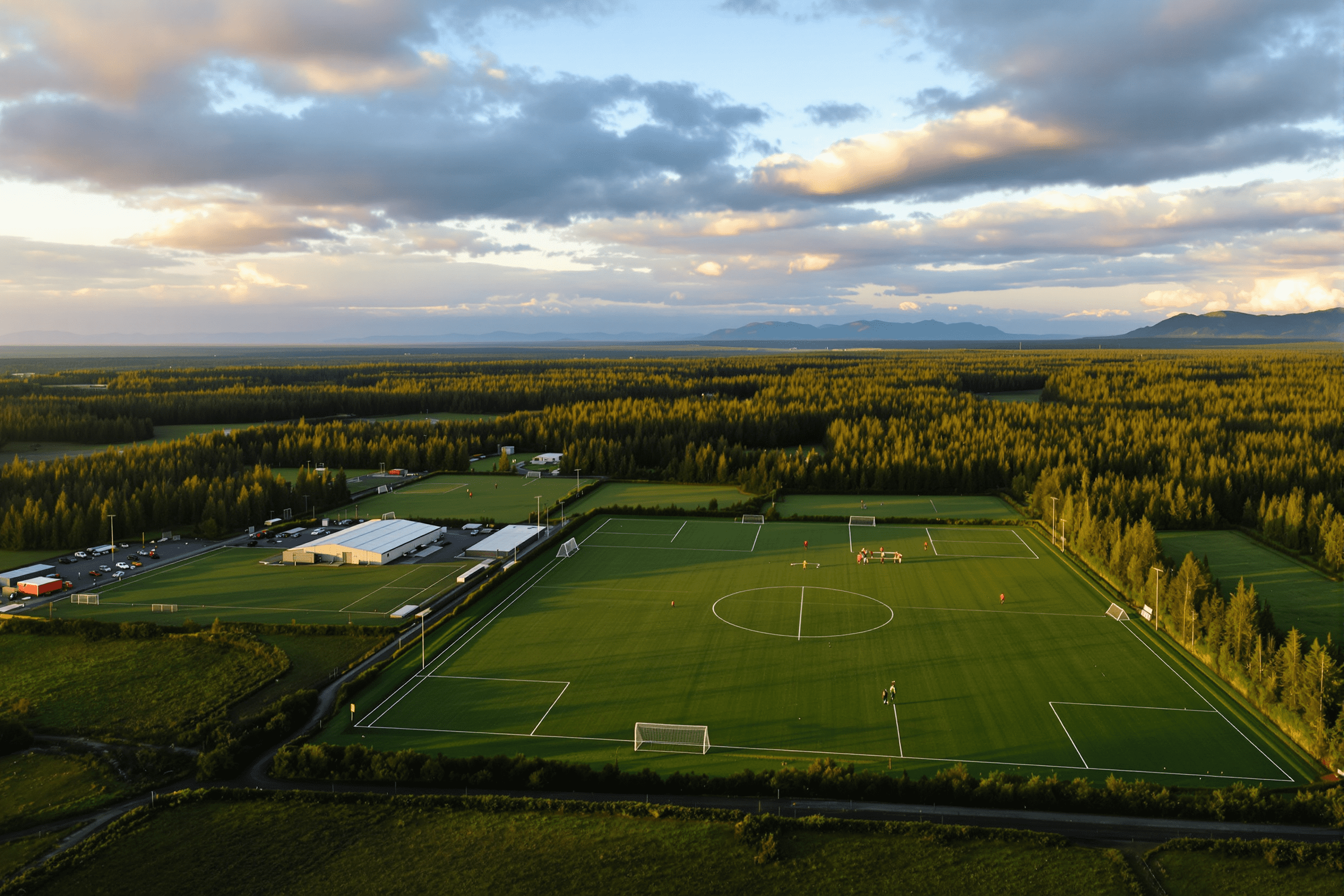 Aerial view of a multi-field soccer complex in Alaska surrounded by forest