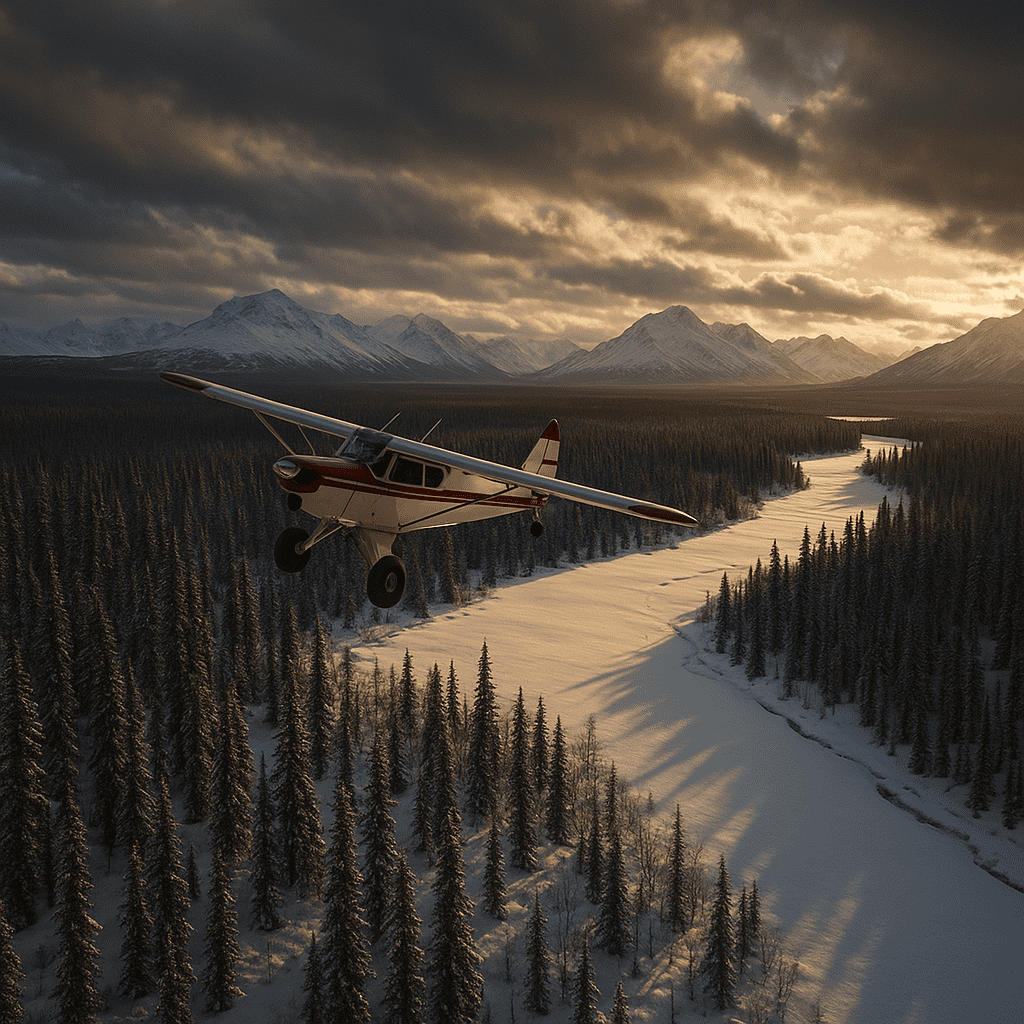 Small aircraft flying over snow-covered Alaskan wilderness and forests