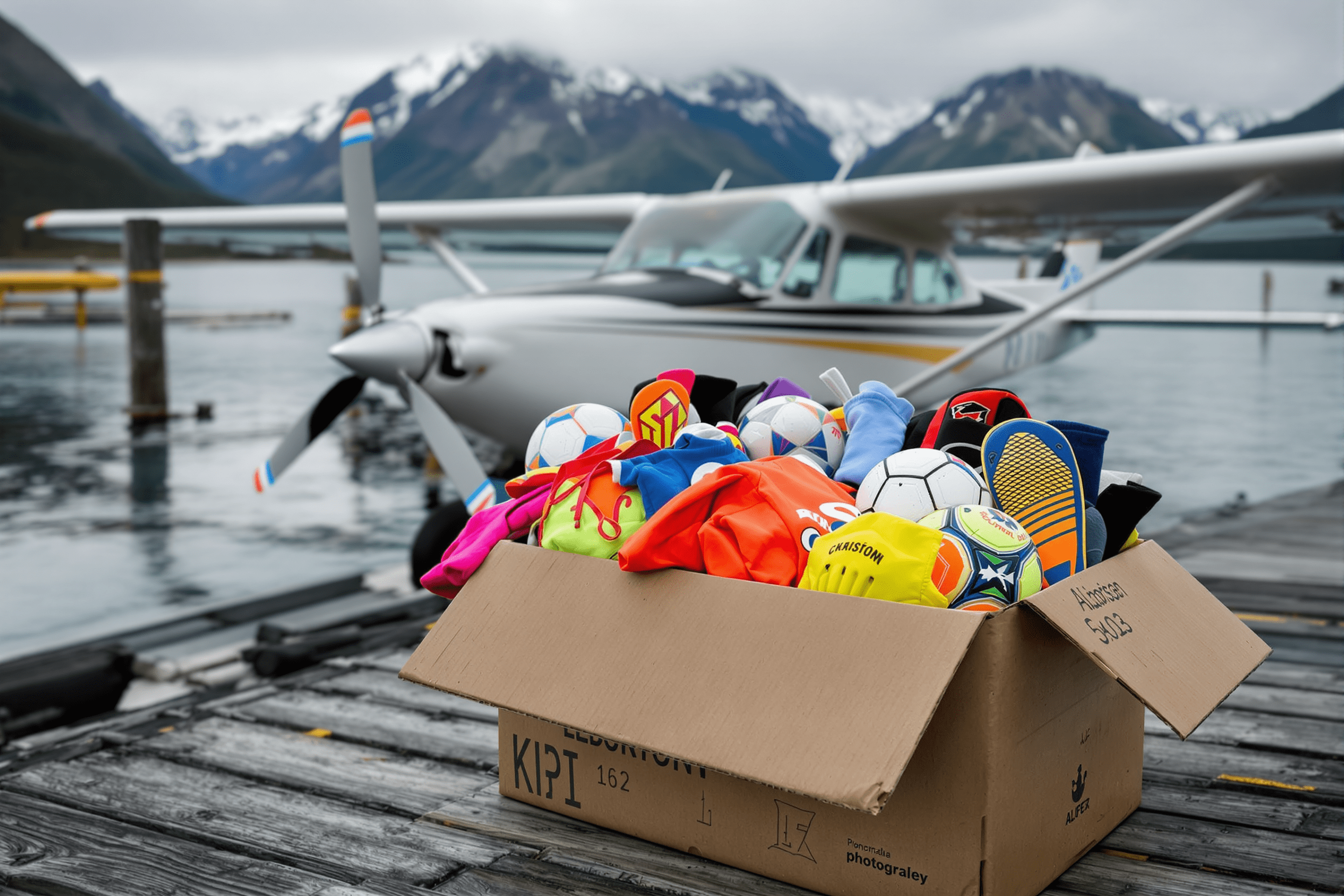 Soccer equipment in a shipping box on an Alaskan dock next to a small seaplane