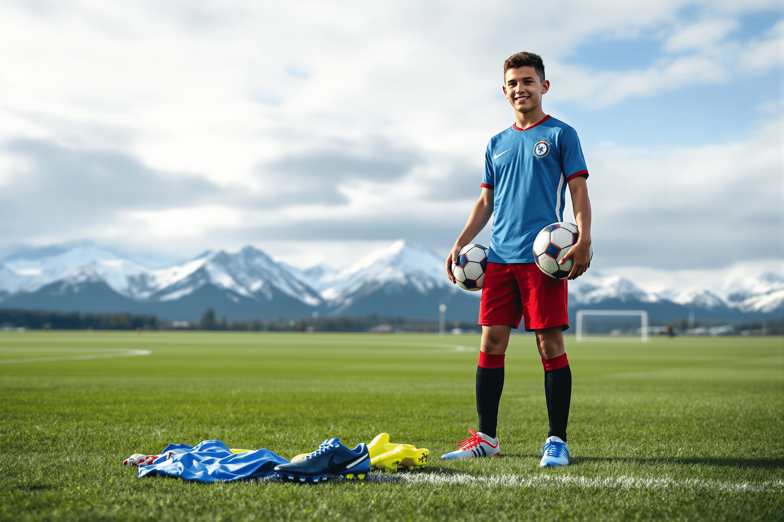 Youth soccer player in uniform on an Alaskan field with mountain backdrop