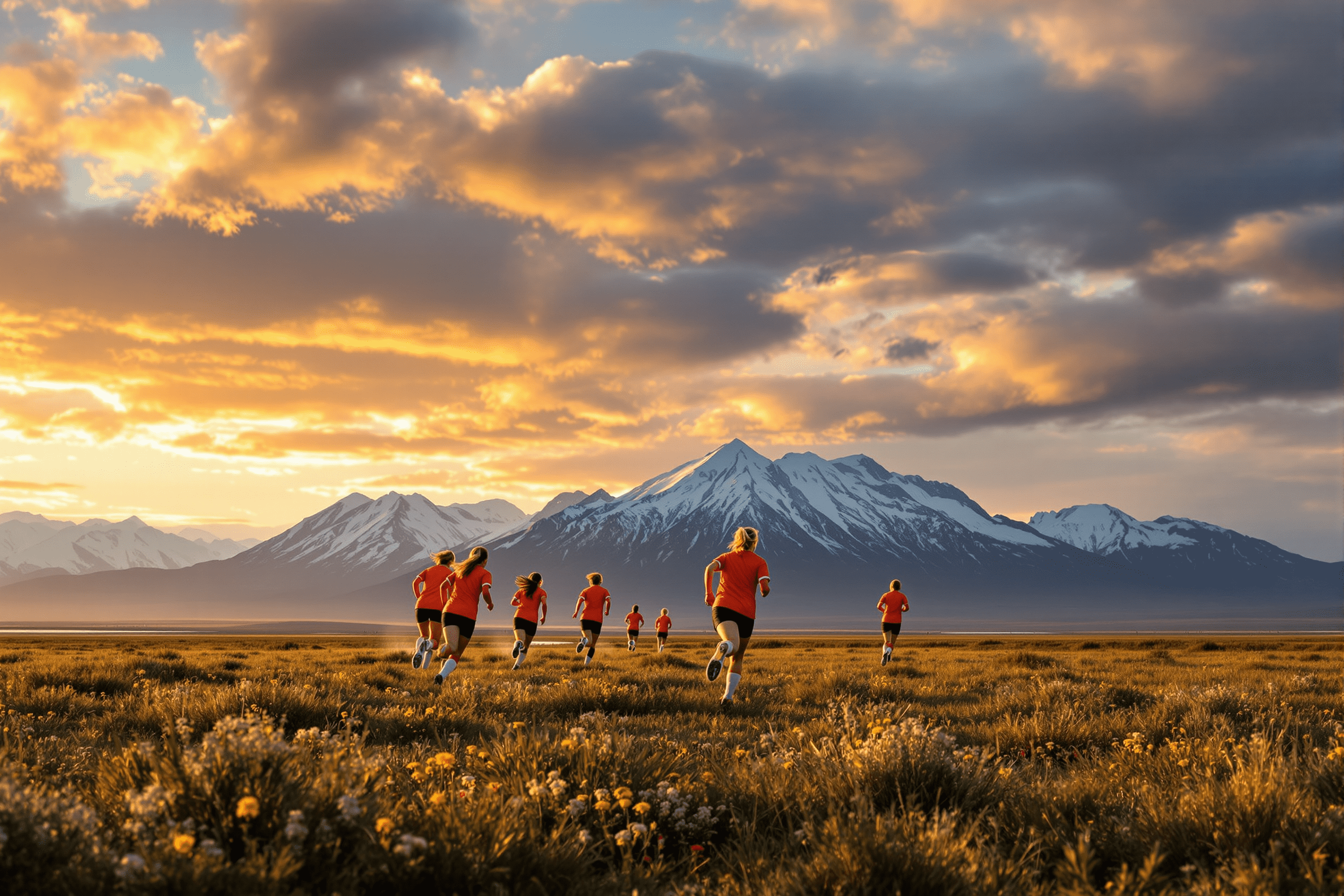 Young female soccer players training on a remote tundra field with mountains in the background