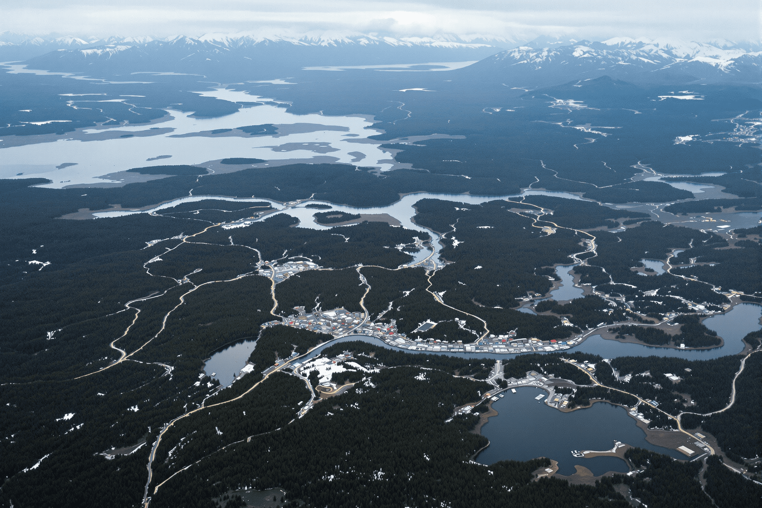 Aerial view of Alaska's remote terrain showing scattered settlements and vast distances between communities