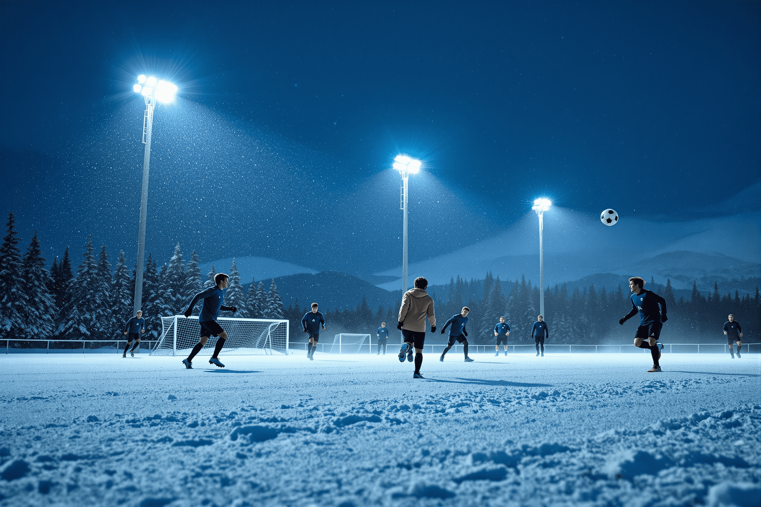 Teenage soccer players practicing on a snowy floodlit field at dusk in an Alaskan winter